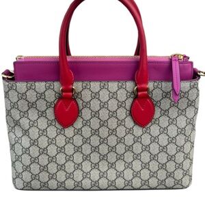 Gucci GG Supreme Canvas Small Tote Red Pink Leather Trim